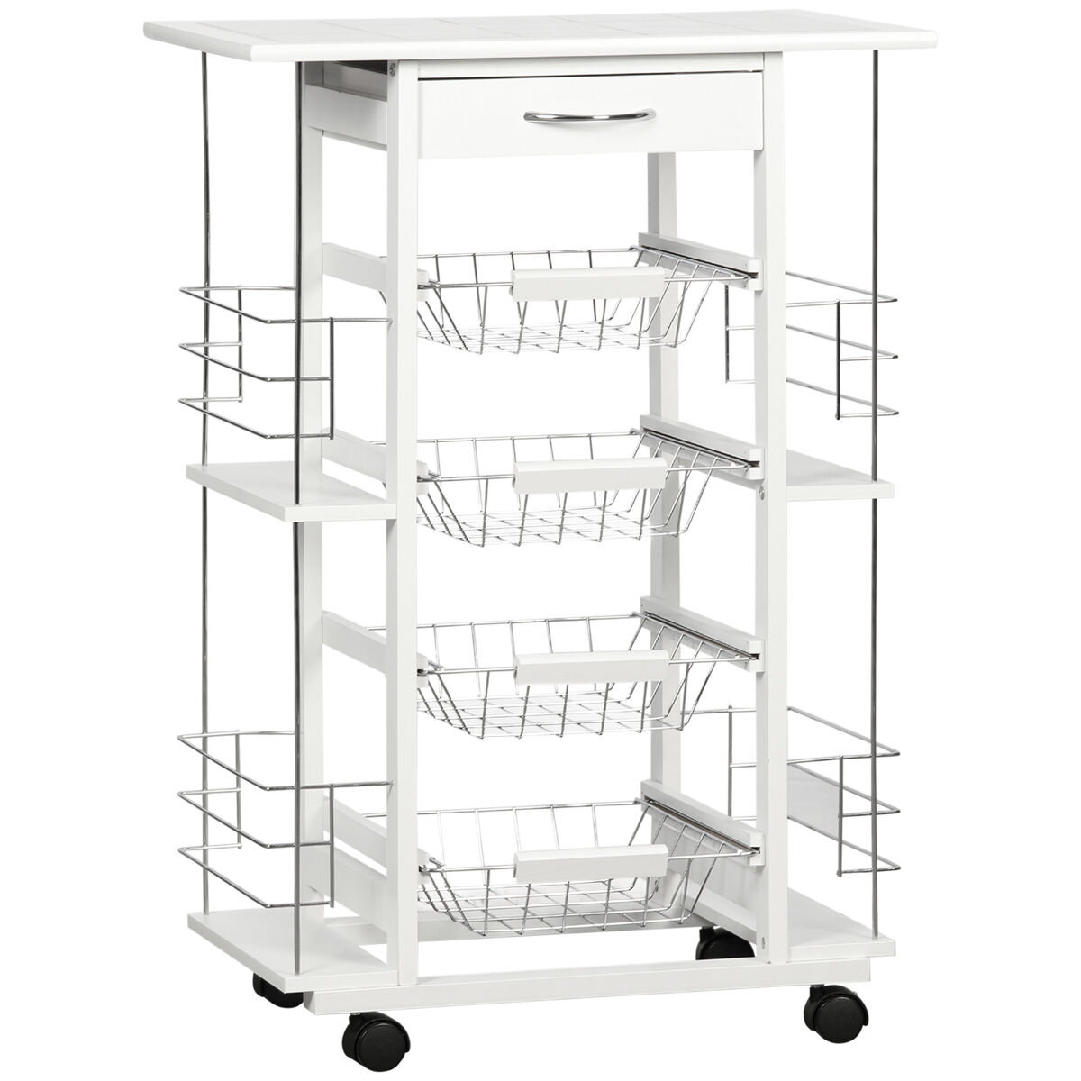 Homcom carrito de cocina con ruedas carrito verdulero con encimera baldosado cajón 4 cestas de metal y 4 especieros laterales para comedor 57x37x83 cm blanco