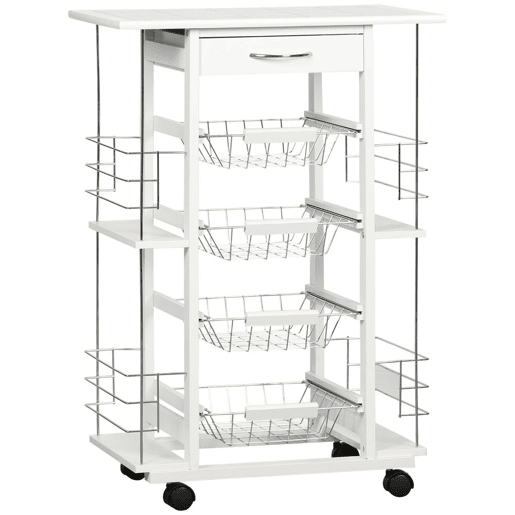 HOMCOM Carrinho de Cozinha com Rodas Carrinho de Cozinha com Bancada Gaveta 4 Cestas de Metal e 4 Suportes para Temperos Laterais para Cozinha 57x37x83cm Branco