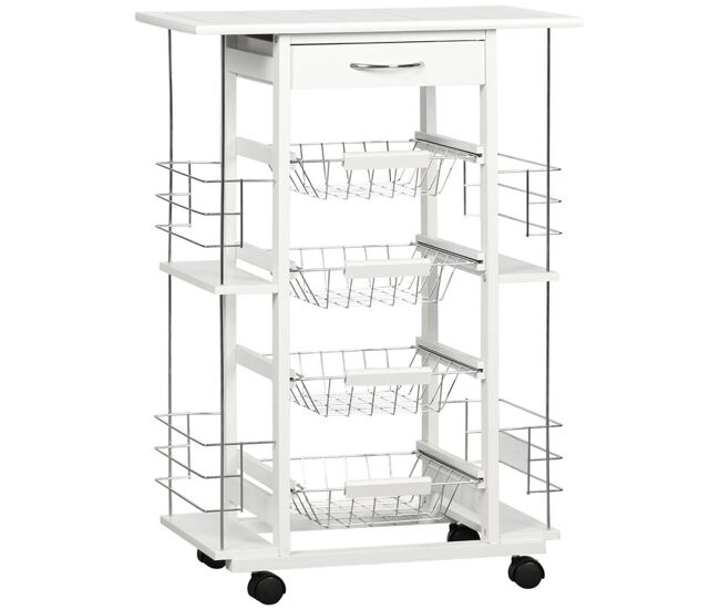 Homcom carrito de cocina con ruedas carrito verdulero con encimera baldosado cajón 4 cestas de metal y 4 especieros laterales para comedor 57x37x83 cm blanco