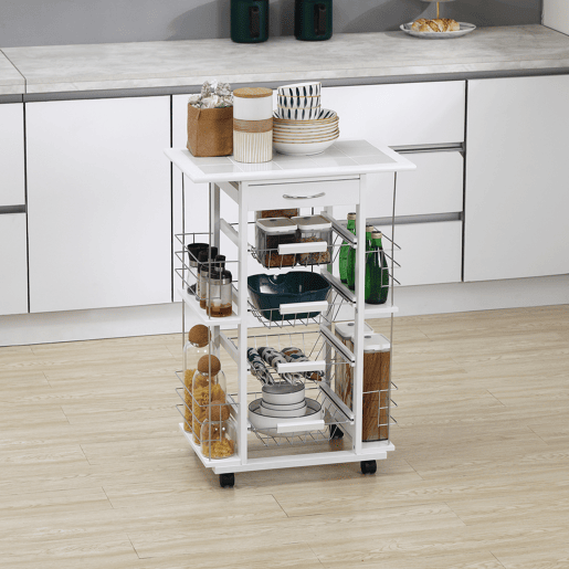 HOMCOM Carrinho de Cozinha com Rodas Carrinho de Cozinha com Bancada Gaveta 4 Cestas de Metal e 4 Suportes para Temperos Laterais para Cozinha 57x37x83cm Branco