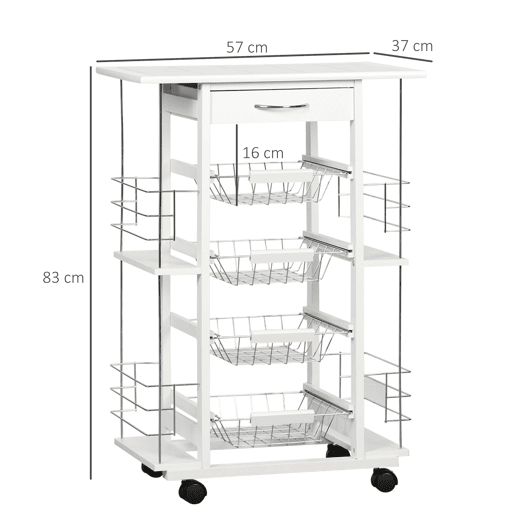 HOMCOM Carrinho de Cozinha com Rodas Carrinho de Cozinha com Bancada Gaveta 4 Cestas de Metal e 4 Suportes para Temperos Laterais para Cozinha 57x37x83cm Branco