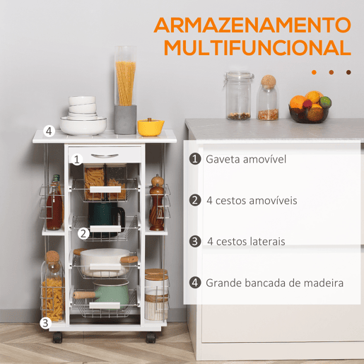 HOMCOM Carrinho de Cozinha com Rodas Carrinho de Cozinha com Bancada Gaveta 4 Cestas de Metal e 4 Suportes para Temperos Laterais para Cozinha 57x37x83cm Branco