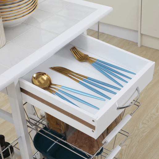 HOMCOM Carrinho de Cozinha com Rodas Carrinho de Cozinha com Bancada Gaveta 4 Cestas de Metal e 4 Suportes para Temperos Laterais para Cozinha 57x37x83cm Branco