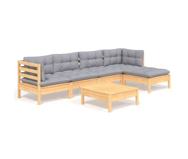 Juego de muebles de jardin 6 piezas y cojines madera pino gris
