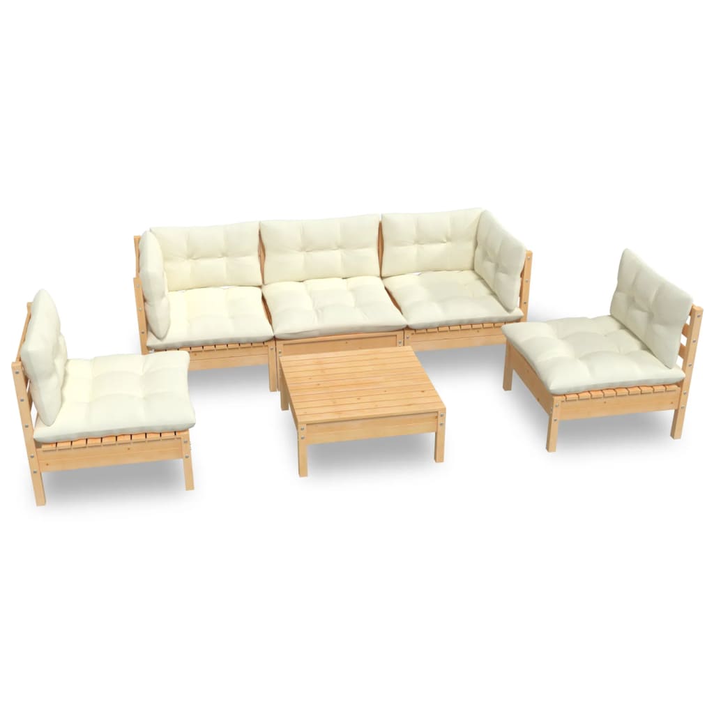 Muebles de jardin 6 piezas y cojines madera maciza de pino crema