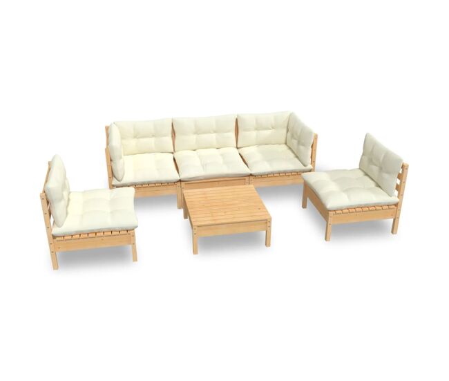 Muebles de jardin 6 piezas y cojines madera maciza de pino crema