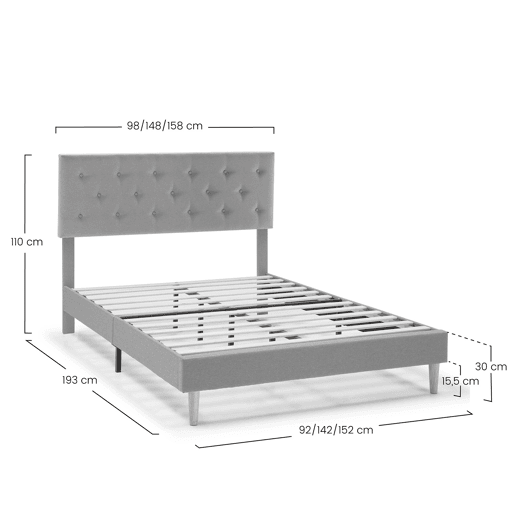 Cama estofada Rosi 30 cm, 140x190 cm, cinza escuro