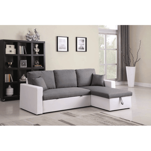 Sofá de canto conversívelreversível com baú Alain - 221 x 145 x 85 cm - 3 lugares - Cinza  Branco