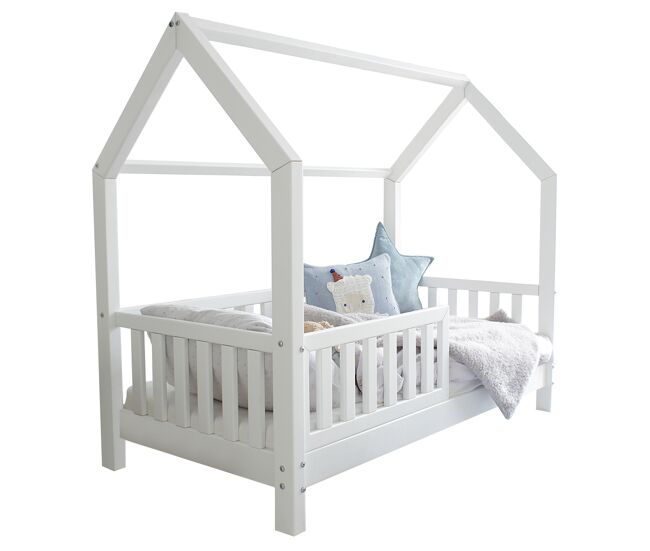 Cama cabaña 90x190 con barandilla y somier patas de 10 cm daisy blanco