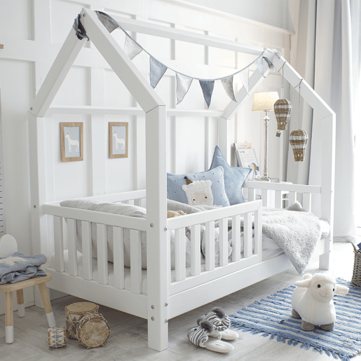 Cama cabana 90x190 barreira e base de ripas incluídas pés 10 cm Daisy Branco