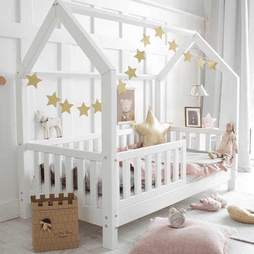 Cama cabana 90x190 barreira e base de ripas incluídas pés 10 cm Daisy Branco