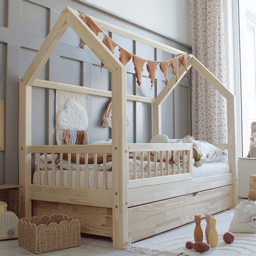 Cama cabana 90x190 barreira base de ripas e gaveta incluída Sofia Bois