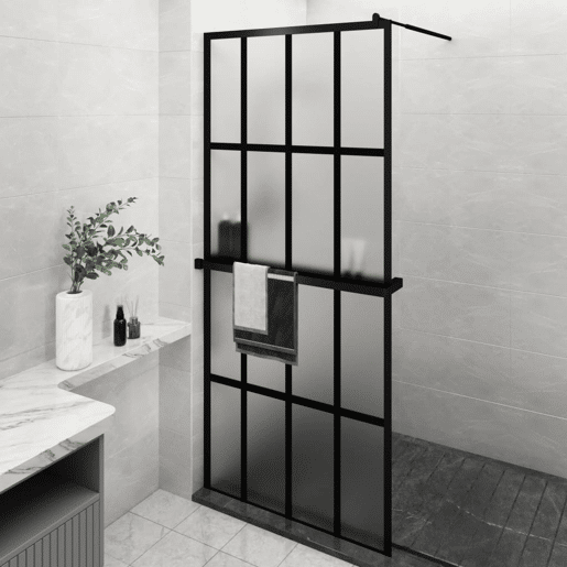 vidaXL Divisória chuveiro cprateleira 90x195 vidroalumÃnio ESG preto vidaXL Divisória chuveiro cprateleira 90x195 vidroalumÃnio ESG preto