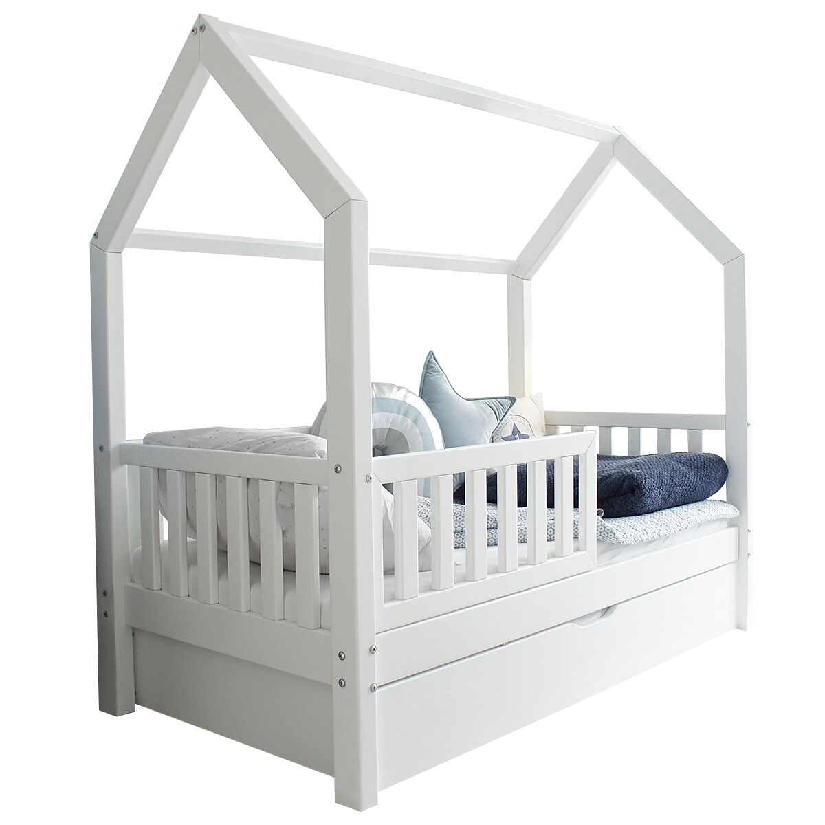 Cama cabaña 90x190 con barandilla somier y cajón daisy blanco