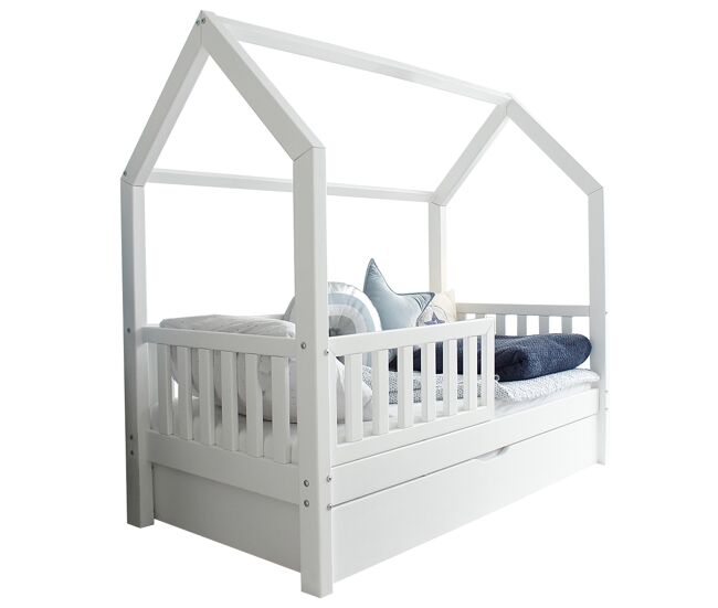 Cama cabaña 90x190 con barandilla somier y cajón daisy blanco