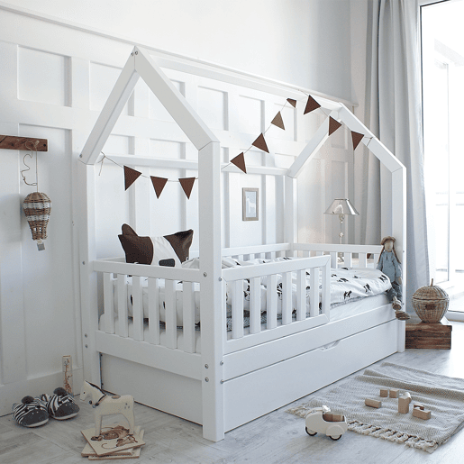 Cama cabana 90x190 barreira base de ripas e gaveta incluída Daisy Branco