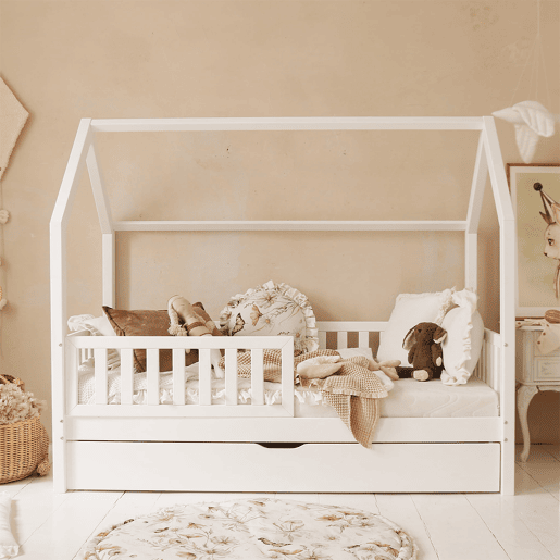 Cama cabana 90x190 barreira base de ripas e gaveta incluída Daisy Branco