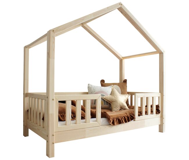 Cama cabaña 90x190 con barandillas y somier patas de 10 cm Roxane Madera