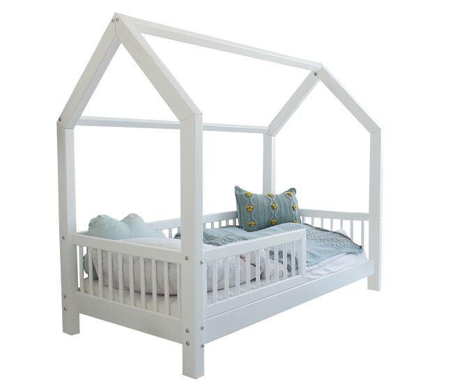 Cama cabaña 90x200 con barandilla y somier patas de 10 cm Sofia Blanco