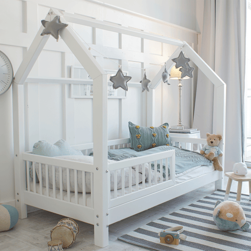 Cama cabana 90x200 barreira e base de ripas incluídos pés 10 cm Sofia Branco
