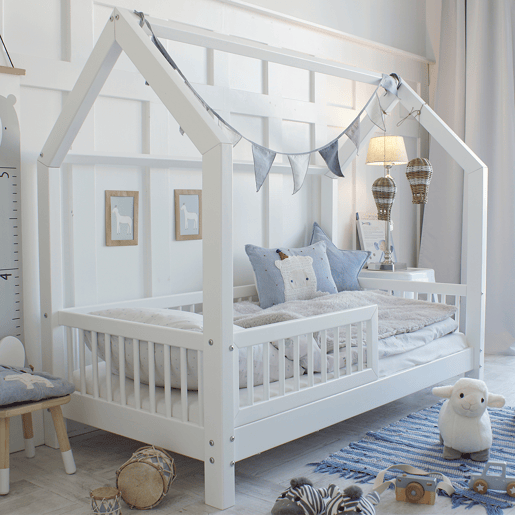 Cama cabana 90x200 barreira e base de ripas incluídos pés 10 cm Sofia Branco