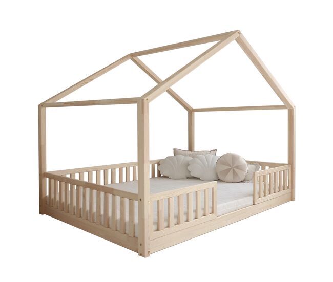 Cama cabaña 140x200 con barandilla y somier patas de 1 cm roxane madera