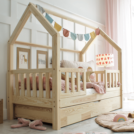 Cama cabana 90x190 barreiras base de ripas e gaveta incluída Daisy Bois
