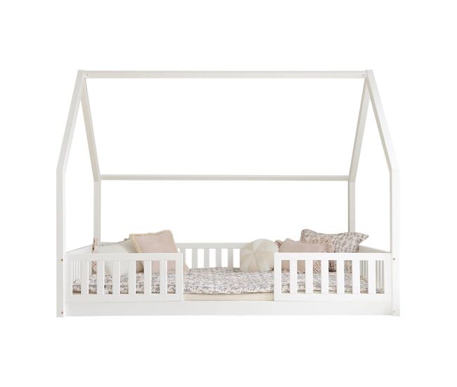 Cama cabaña 140x200 con barandillas y somier patas de 1 cm Daisy Blanco