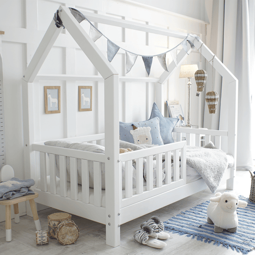 Cama cabana 90x200 barreira e base de ripas incluídas pés 10 cm Daisy Branco