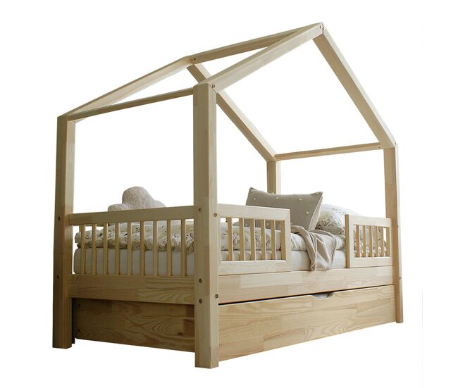 Cama 90x190 con barandilla somier y cajón Iris Madera
