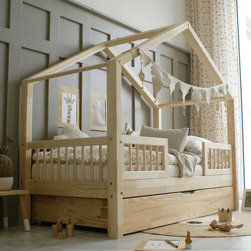 Cama de barreira Iris Bois 90x190 com estrado de ripas e gaveta