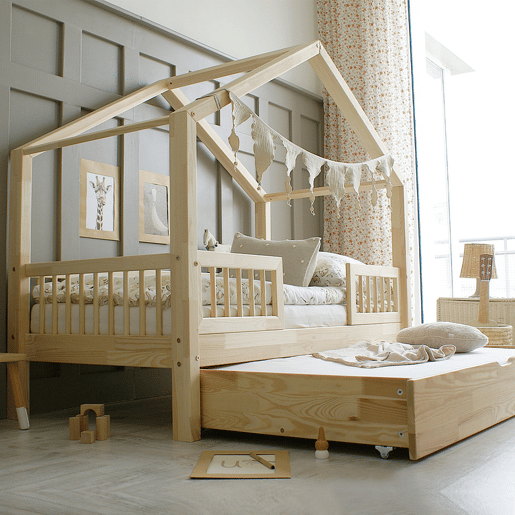 Cama de barreira Iris Bois 90x190 com estrado de ripas e gaveta