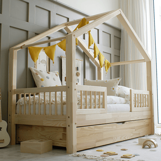 Cama de barreira Iris Bois 90x190 com estrado de ripas e gaveta
