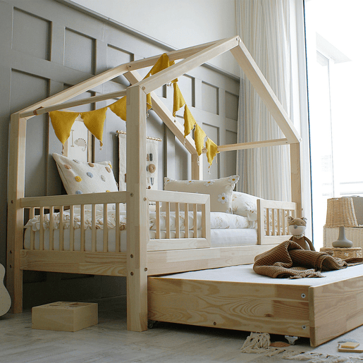 Cama de barreira Iris Bois 90x190 com estrado de ripas e gaveta