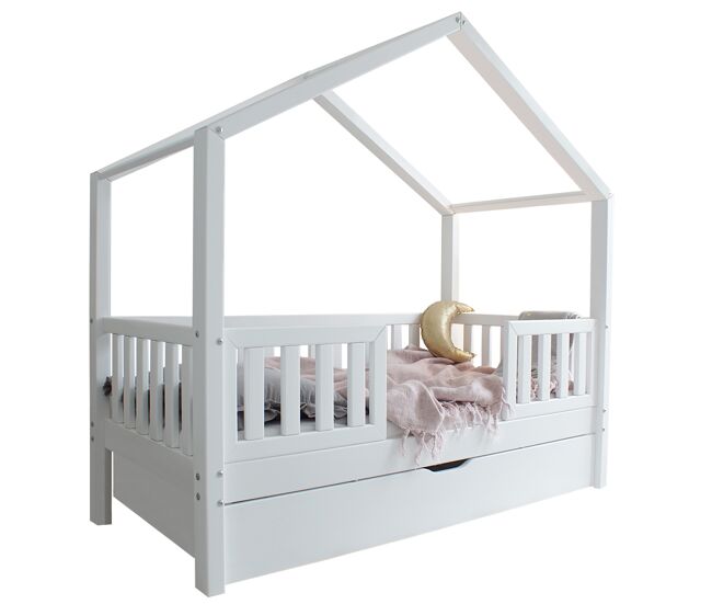 Cama cabaña 90x190 con barandilla, somier y cajón Roxane Blanco