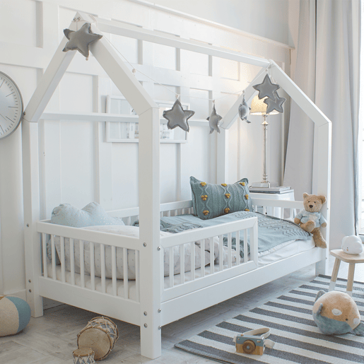 Cama cabana 90x190 barreira e base de ripas incluídas pés 10 cm Sofia Branco