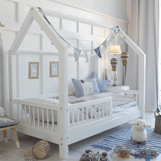 Cama cabana 90x190 barreira e base de ripas incluídas pés 10 cm Sofia Branco
