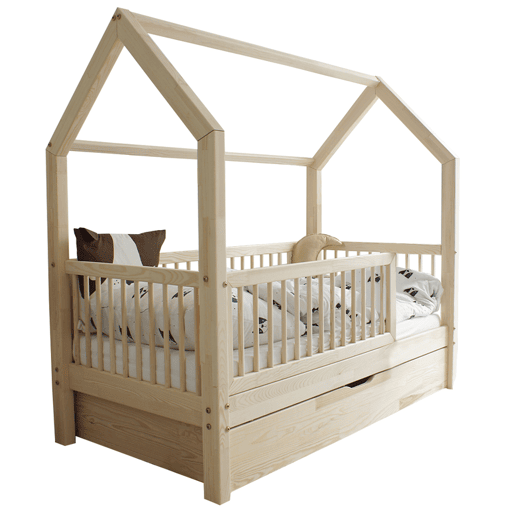 Cama cabana 90x190 com barreira base de ripas e gaveta incluídas Florie Bois