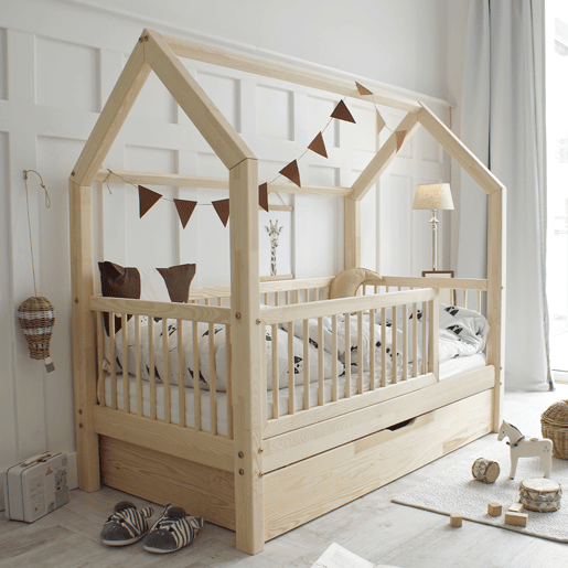 Cama cabana 90x190 com barreira base de ripas e gaveta incluídas Florie Bois