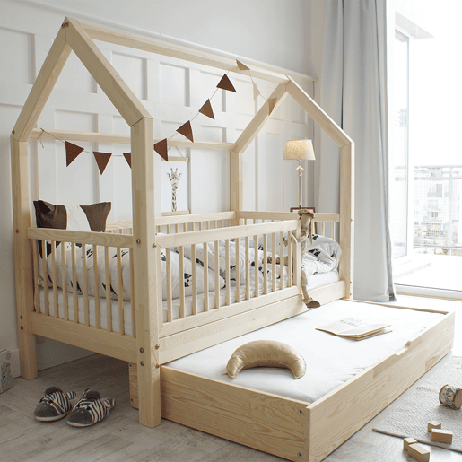 Cama cabana 90x190 com barreira base de ripas e gaveta incluídas Florie Bois