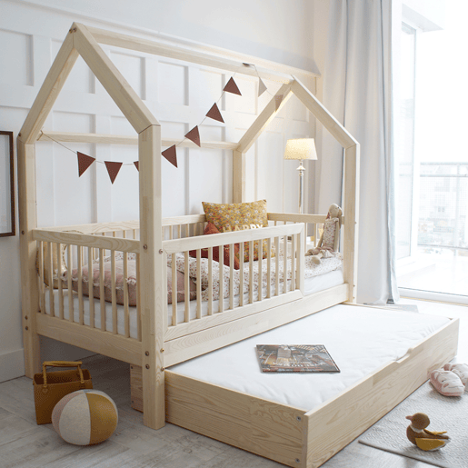Cama cabana 90x190 com barreira base de ripas e gaveta incluídas Florie Bois