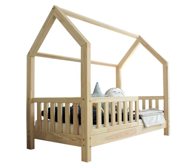 Cama cabaña 90x200 con barandilla y somier patas 10 cm daisy madera