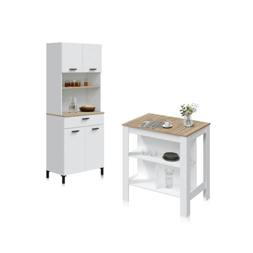 Pack Alacena con Mesa alta Nitza Blanco Artik (Blanco Mate) - Natur 72 x 185 x 40 cm