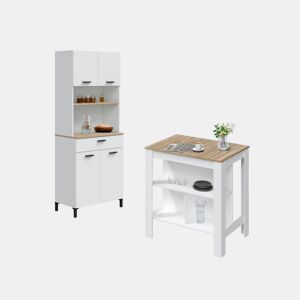 Pack Alacena con Mesa alta Nitza Blanco Artik (Blanco Mate) - Natur 72 x 185 x 40 cm