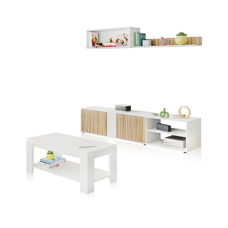 Pack salón con mesa de centro alix plus blanco artik (blanco mate) - natur 180 x 40 x 33 cm