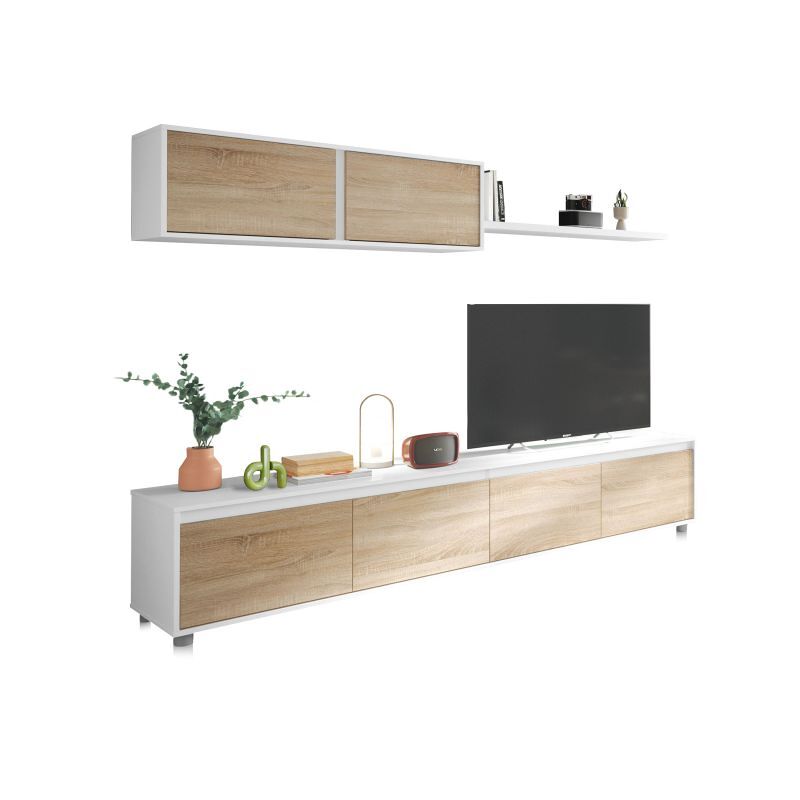 Salón con mueble de tv y estantería en blanco mate y roble canadian 200 cm arlet blanco artik (blanco mate) - roble canadian 200 x 43 x 41 cm