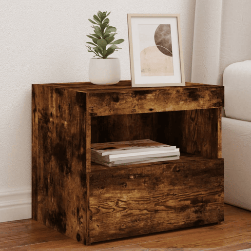 vidaXL Mesa de cabeceira c luzes LED 50x40x45 cm carvalho fumado vidaXL Mesa de cabeceira c luzes LED 50x40x45 cm carvalho fumado