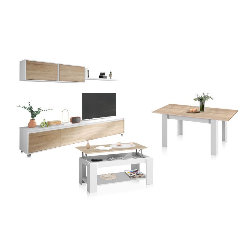 Pack salón con mesa de centro y mesa de comedor arlet max blanco artik (blanco mate) - roble canadian 200 x 43 x 41 cm