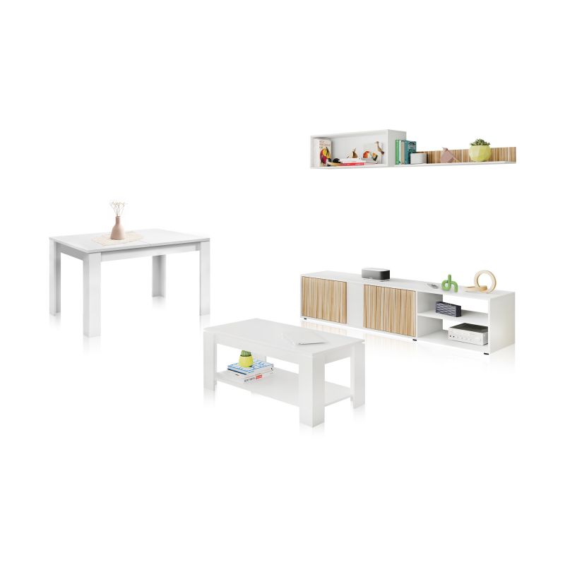 Pack salón con mesa de centro y mesa de comedor alix max blanco artik (blanco mate) - natur 180 x 40 x 33 cm