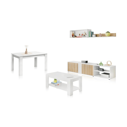 Pack salón Iris Max con mesa de centro y mesa de comedor Blanco Artik (Blanco Mate) - Natur 180 x 40 x 33 cm